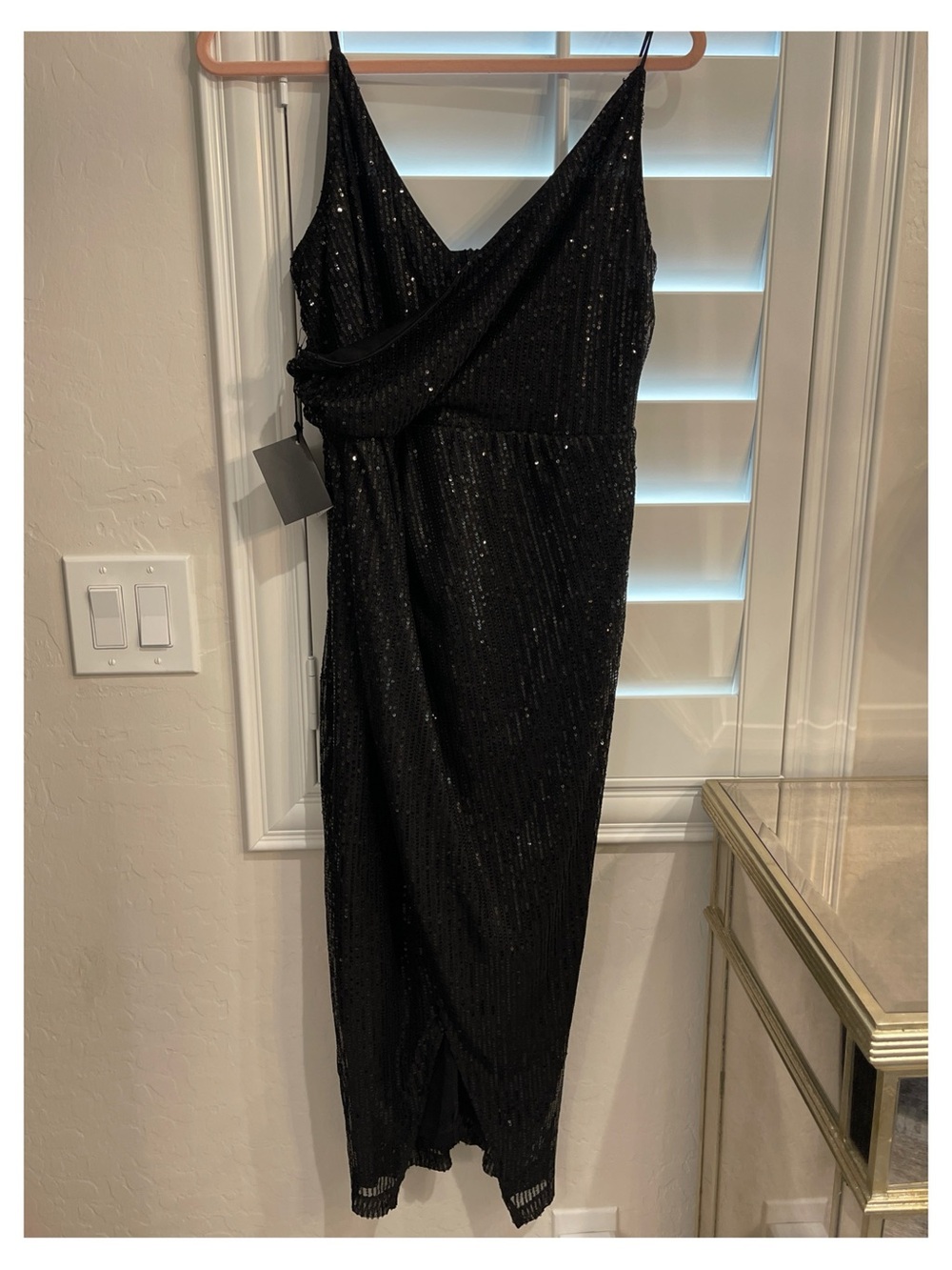 Black Sequin Midi Dress with Draped Bodice